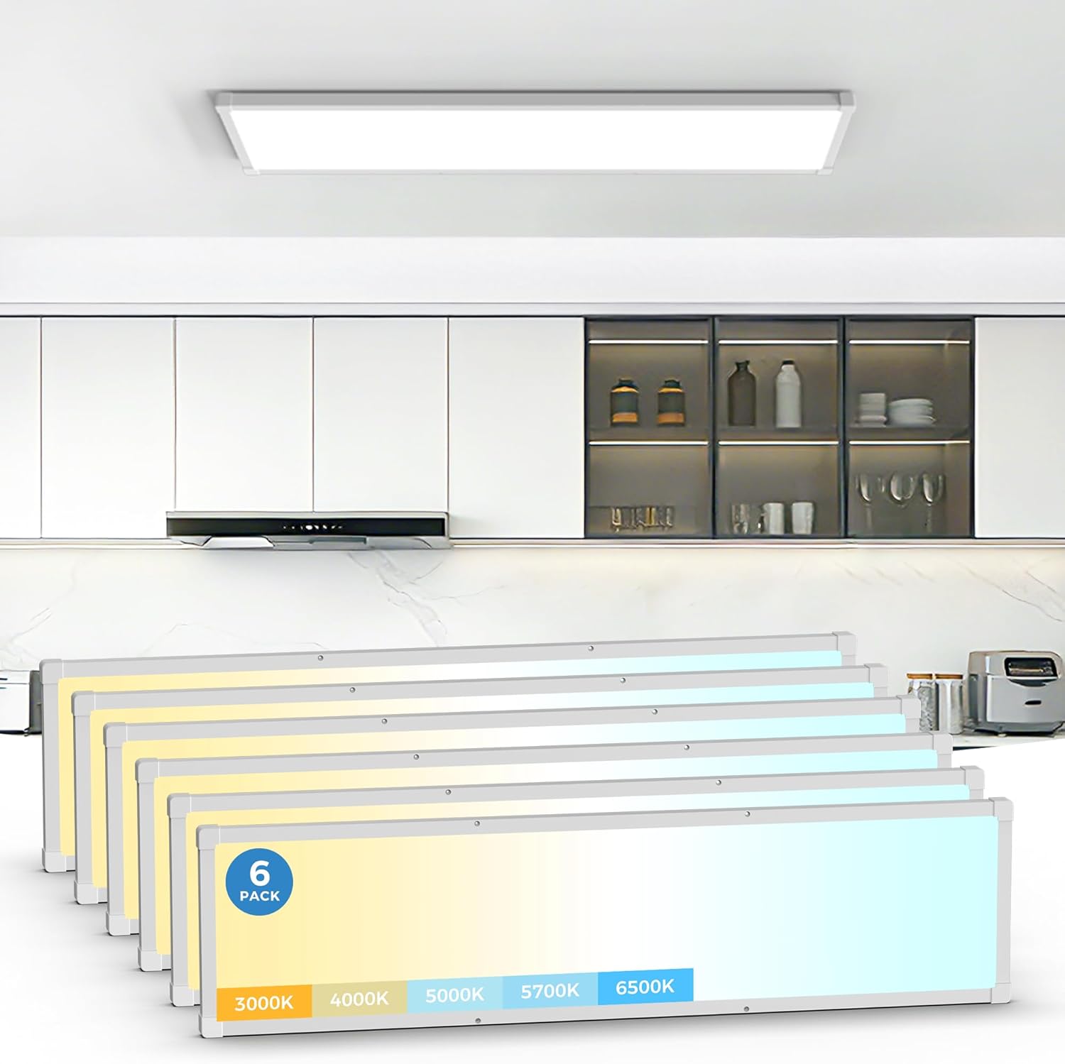 1×4 LED Flat Panel Light Surface Mount, 1 Ft. by 4 Ft. LED Ceiling Light Fixture, with Protection Corner,6500 Lumens,Dimmable,Switchable 5CCT 3000K-6500K & 5 Wattage 30W-50W, White, 6 Pack