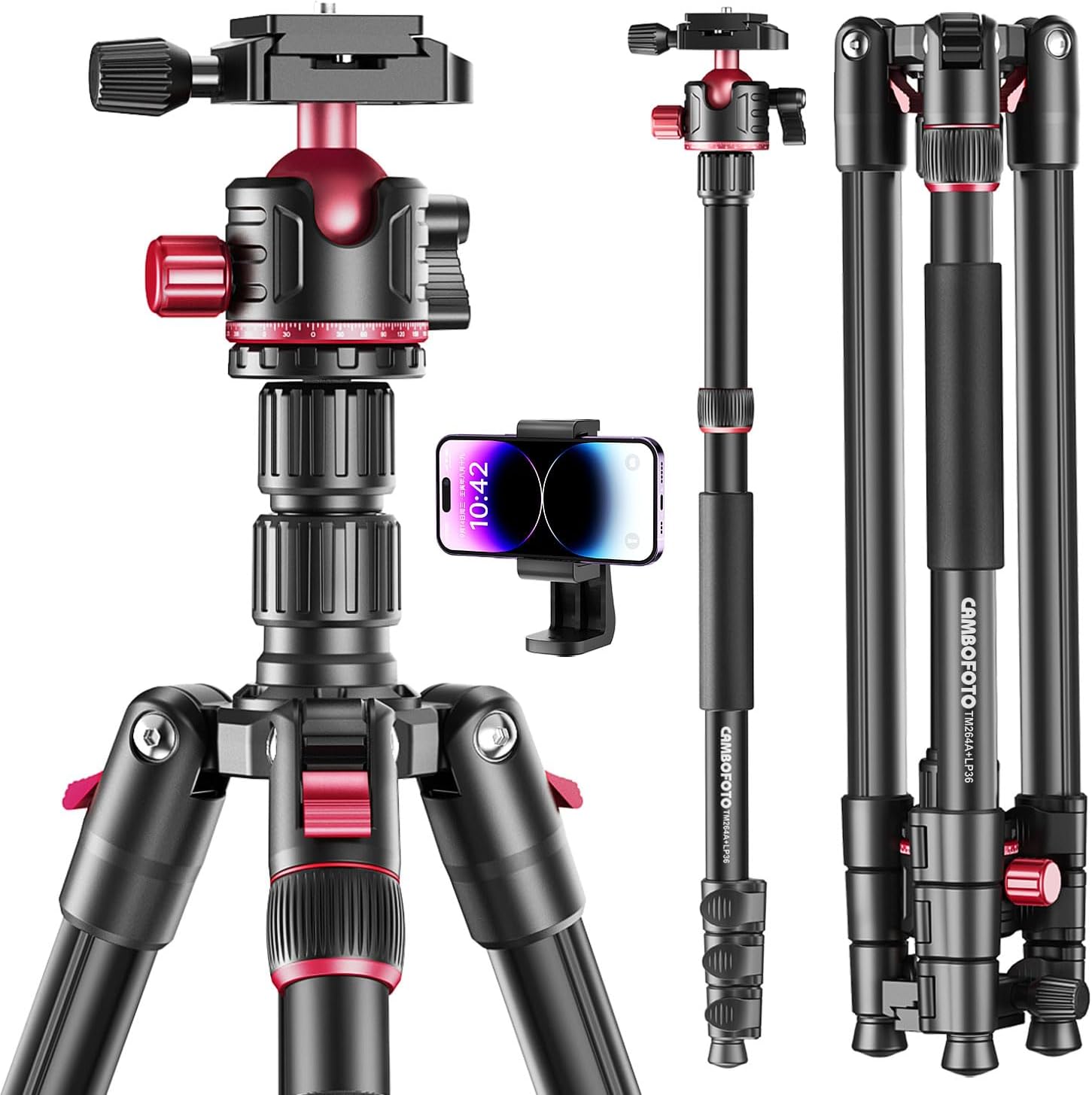 CAMBOFOTO 74-inch-Professional-Camera-Photography-Tripod, Ball Head Aluminum DSLR/SLR Tripod & Monopod with Carry Bag Compatible with Canon Nikon Binoculars Laser Telescope (Weight 3 Lbs, 13Lbs Load)