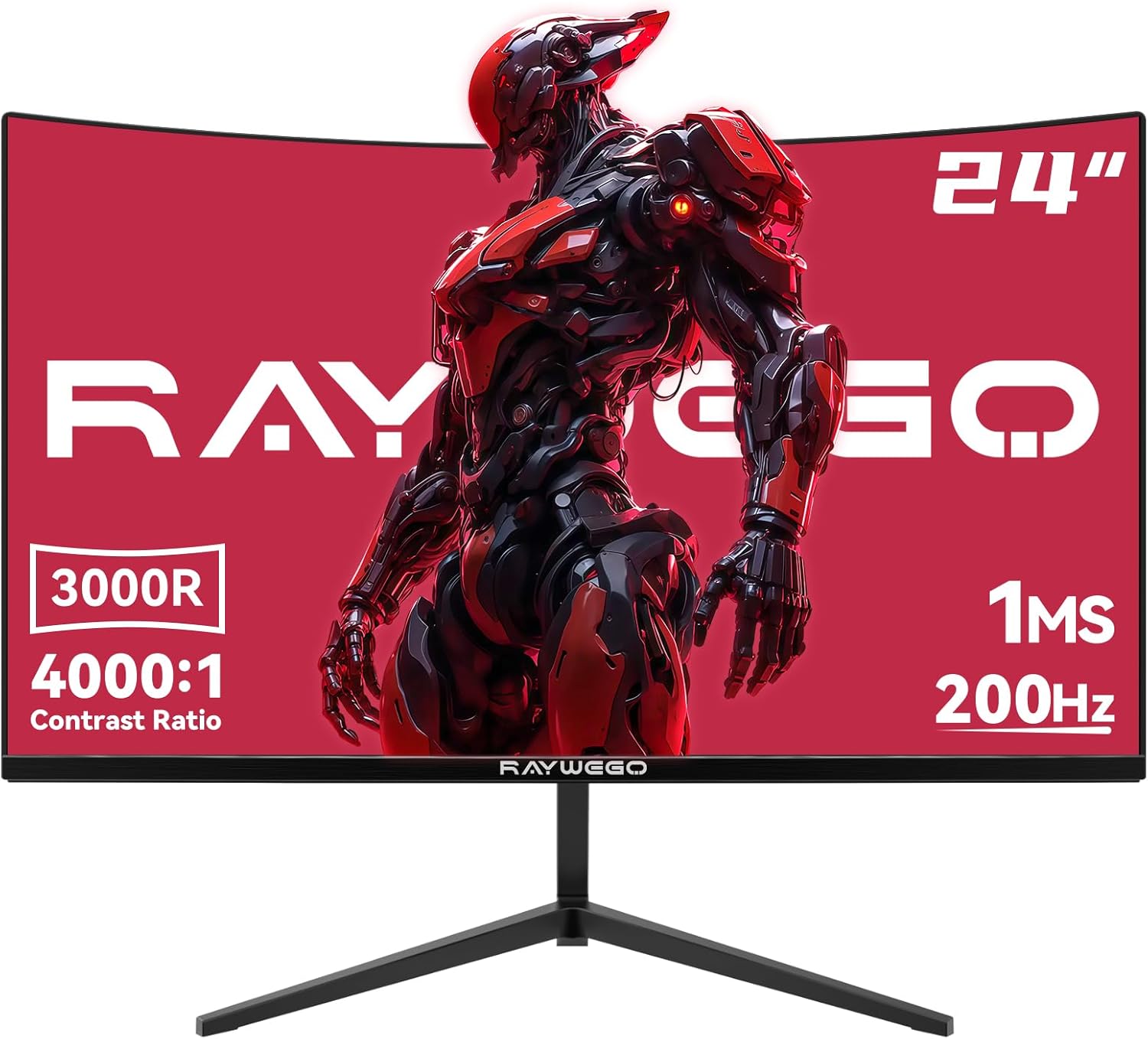 Raywego 24 inch Curved Gaming Monitor 200Hz/180Hz 1ms,FHD 1920×1080P,4000:1 Contrast Ratio,with FreeSync & Eye-Care, Support DP, HDMI,USB,3.5mm Port for Gaming Home Office,Wall Mount Install