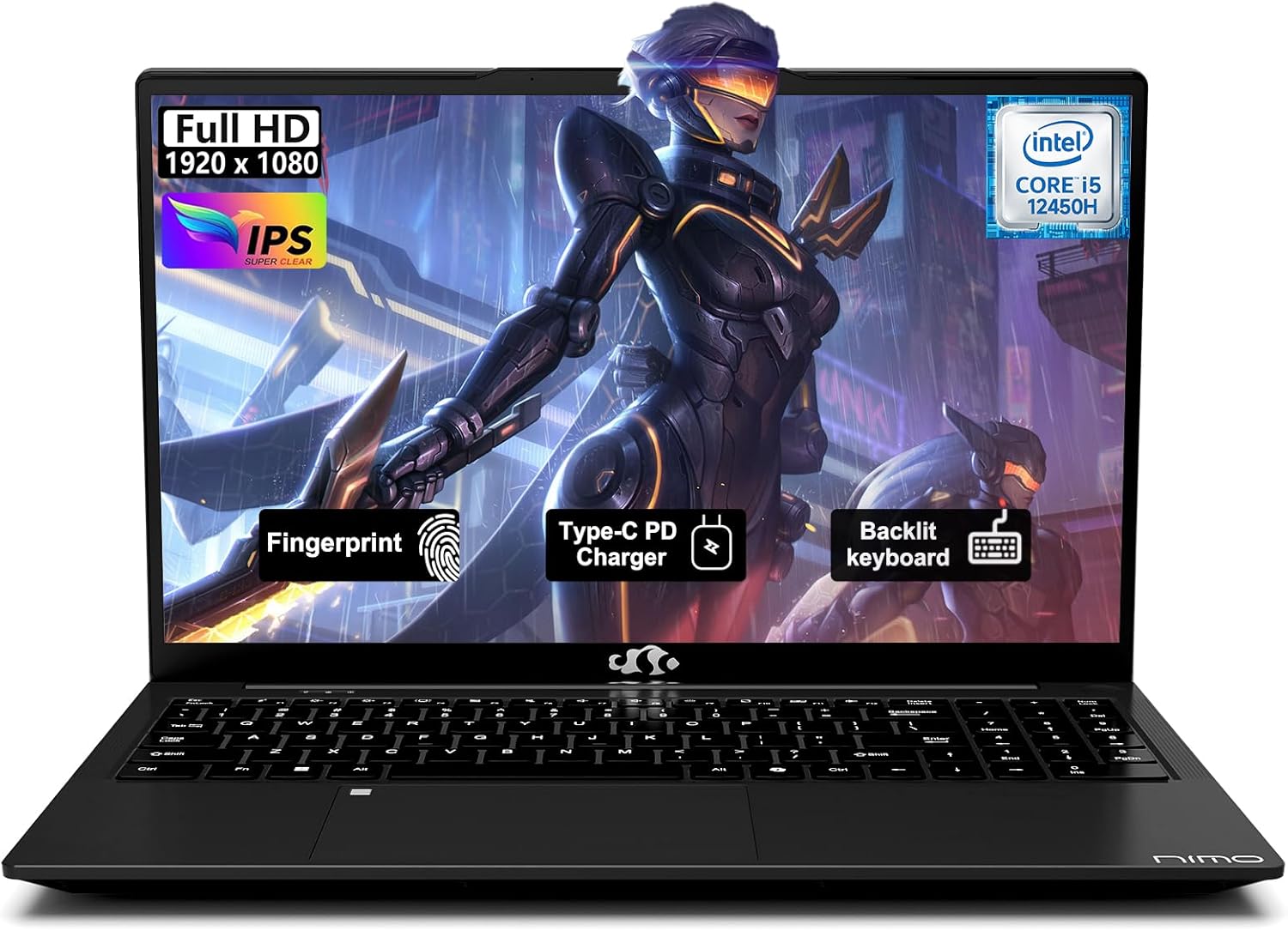 NIMO 15.6″ FHD IPS Laptop, i5-12450H 8-Core (Beats i7-11800H), 16GB RAM 512GB SSD, Backlit Keyboard, Fingerprint, 100W Type-C Fast Charger, WiFi 6, Ideal for Students & Home Office Computer