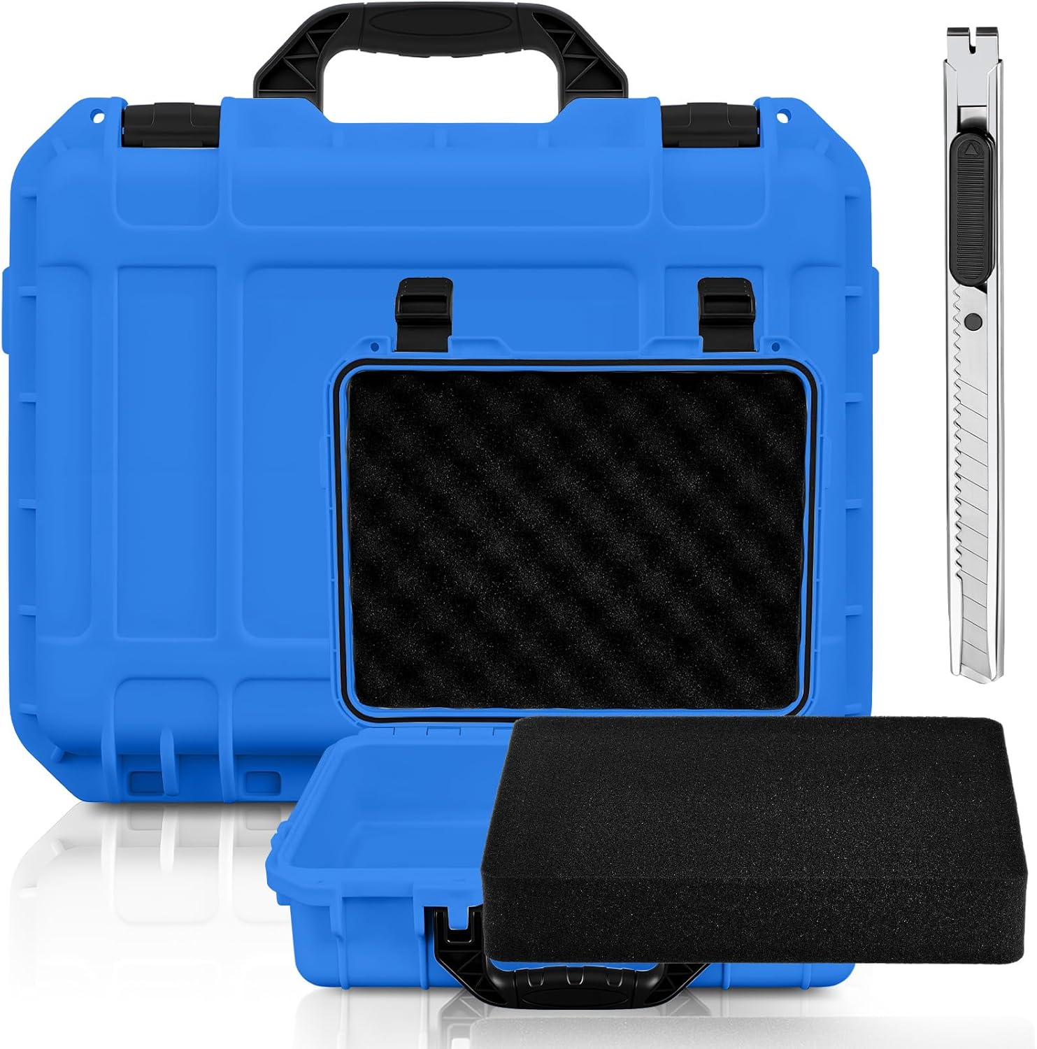 Relaxweex 1 Pcs Waterproof Hard Case with DIY Customizable Foam Insert Portable Protective Case with Knife for Camera Drones Equipments Tools Test Instruments(Blue,14.3 x 11.4 x 4.5 Inch)