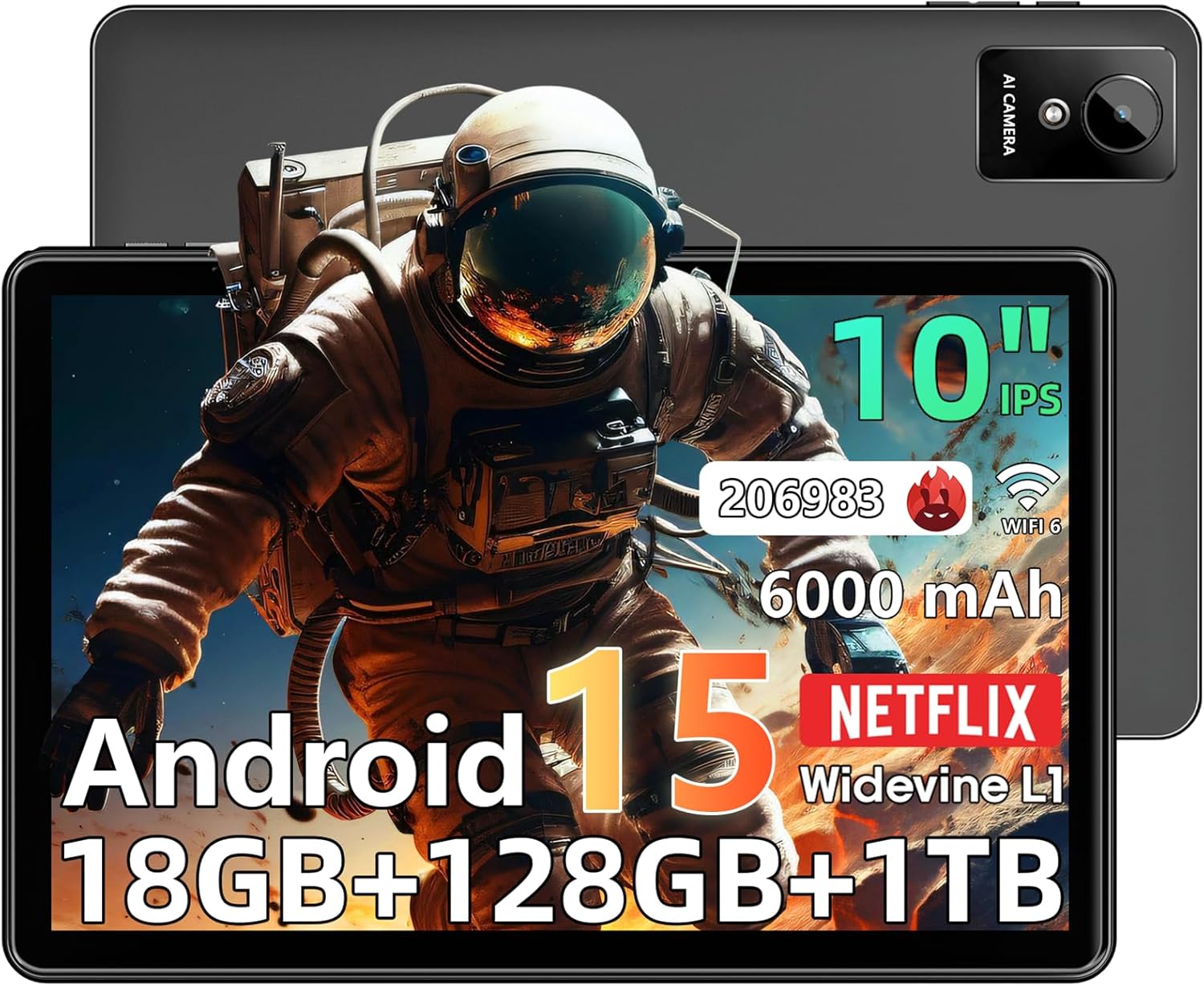 Raemond Tablet 10 inch Android 15 Tablets, 18GB RAM 128GB ROM 1TB Expand, Octa-Core Processor, 1280×800 IPS Widevine L1, WiFi 6, 8MP+5MP Dual Camera, BT5.4, 6000mAh, GPS, Type-C Fast Charging