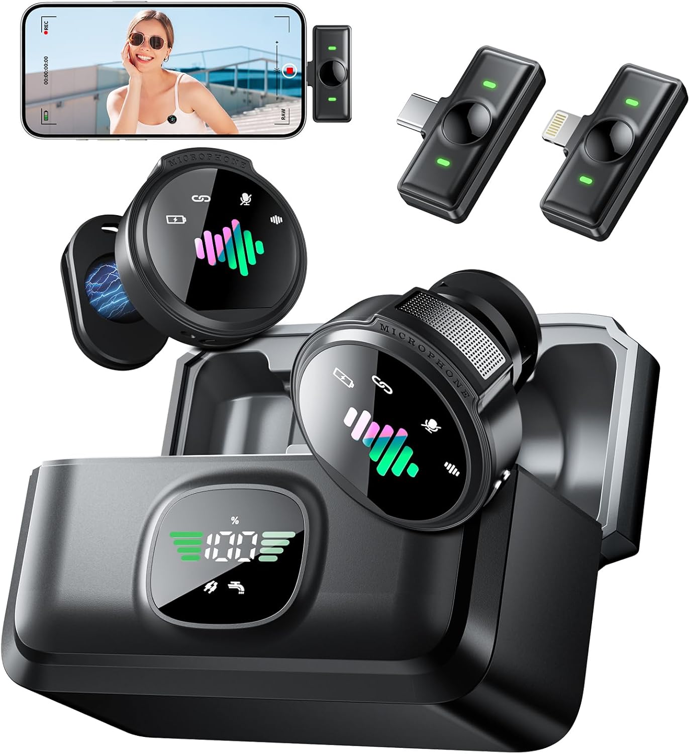 Wireless Lavalier Microphone for iPhone: Mini Microphones for Android Equipment – Noise Reduction Lapel Mic for Professional Recording – 80h Battery Life – 48KHz Studio Sound