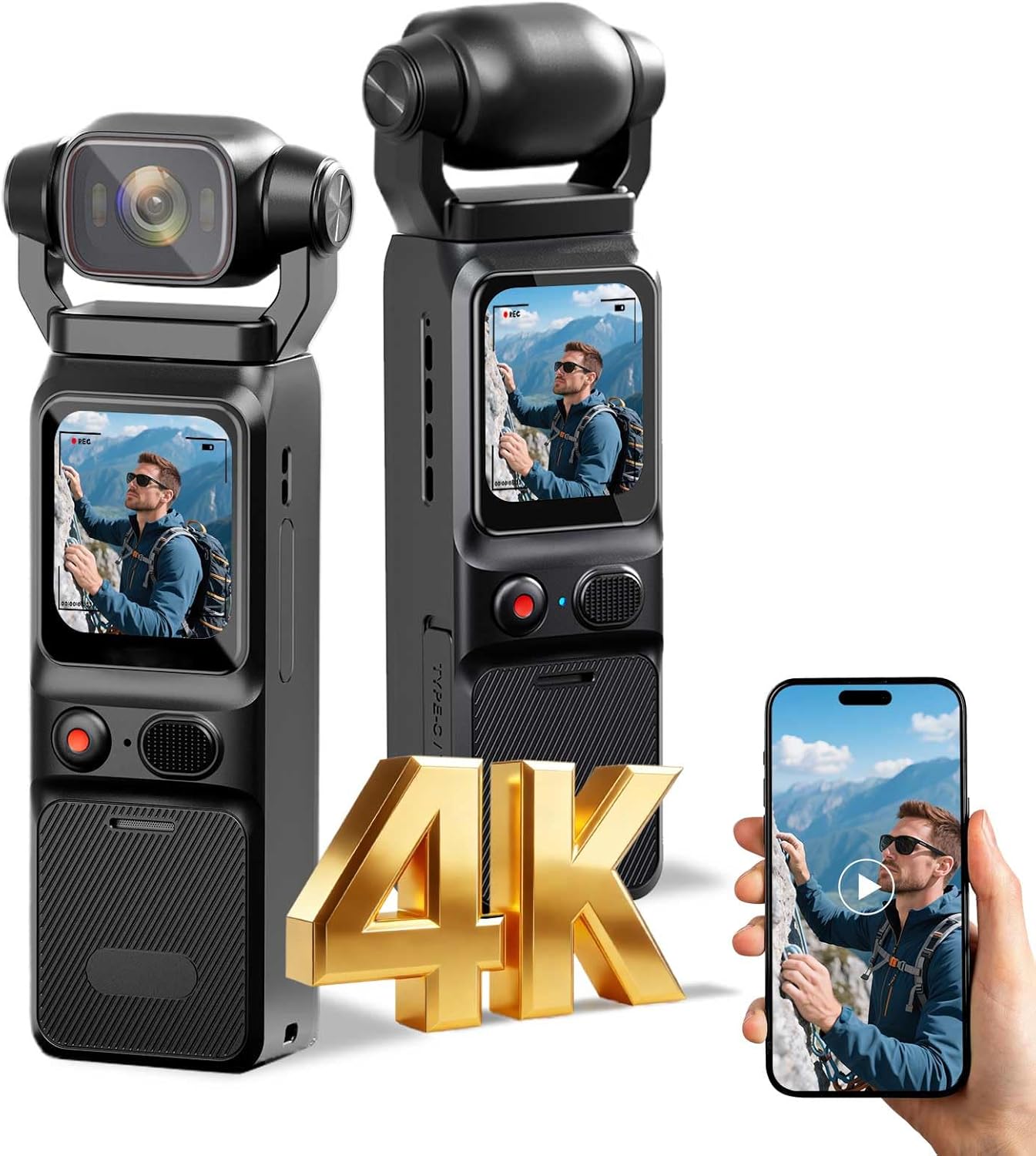 4K Vlogging Camera Mini Action Camera 180° Rotating Pocket Body Cam with Audio & Video Handheld Pov Cameras with Stabilization, Touch Screen, 64GB Card Small Vlog Camcorder for Sport, Travel, Daily