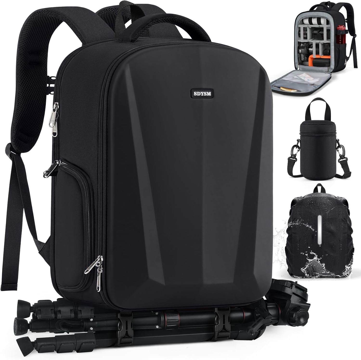 SDYSM Camera Backpack, Hardshell DSLR/SLR Camera Bag with Lens Pouch & 15.6″ Laptop Compartment Waterproof Camera Case with Rain Cover Photography Backpack Compatible for Canon/Nikon/Sony/Drone Black