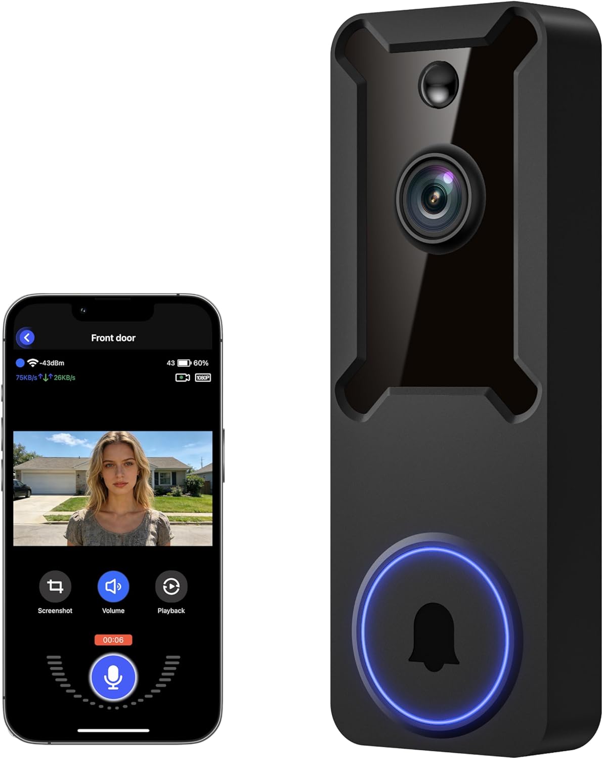 1080P Wireless Wi-Fi Video Doorbell Camera, Dome Home Security, Night Vision, Two-Way Audio, Cloud Storage, Smart AI Motion Detection, Live View, Battery Powered, Indoor Outdoor Surveillance