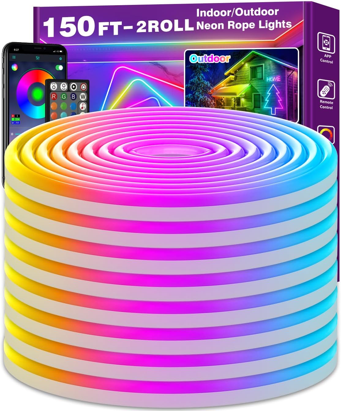 NUERPO 150Ft Neon Rope Lights,Flexible Led Rope Lights Control with App/Remote,Multiple Modes Light,IP65 Outdoor RGB Led Light Waterproof (150Ft Neon Rope Lights)