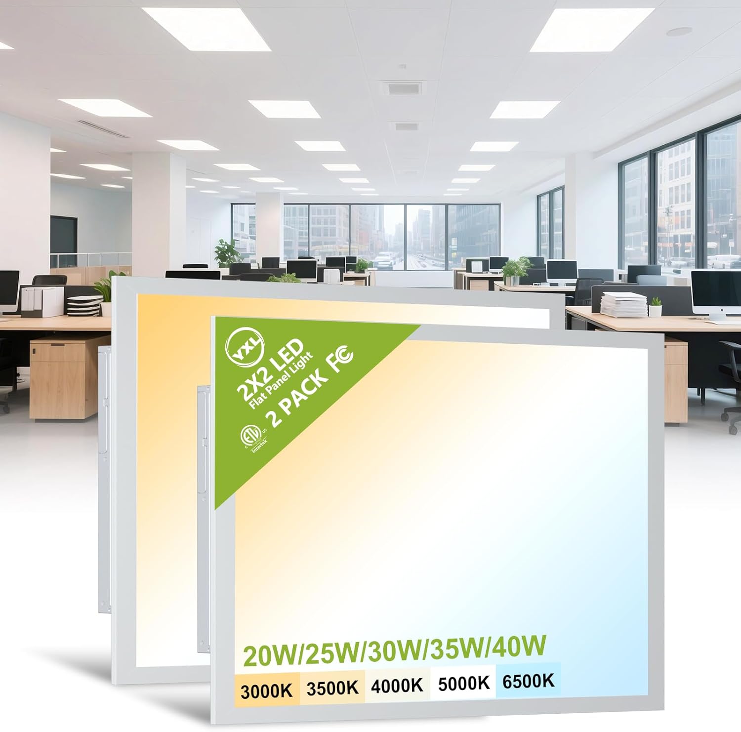 2 Pack 2×2 LED Flat Panel Light Drop Ceiling Light Fixture, 5200LM, 5CCT LED Drop Surface Mount Ceiling Office Light, 40W/35W/30W/25W/20W Selectable,6500K/5000K/4000K/3500K/3000K,Dimmable 0-10V,ETL