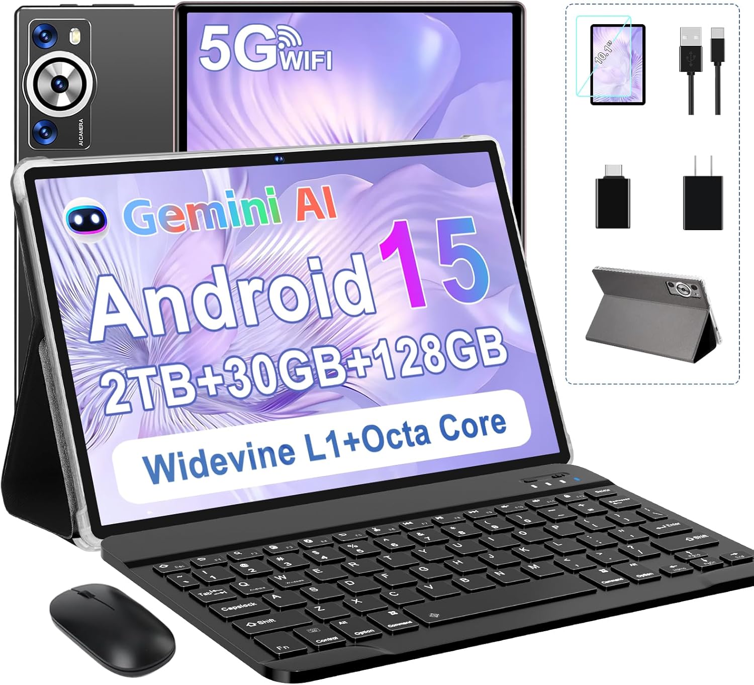 Android 15 Tablet 30GB RAM 128GB ROM 2TB TF, 2026 Electronics Tablets 10 Inch 8000mAh with Keyboard Mouse, 2.0GHz, 5G WiFi, BT 5.0, GMS Certified, Dual Camera, Gemini AI – Metal Black