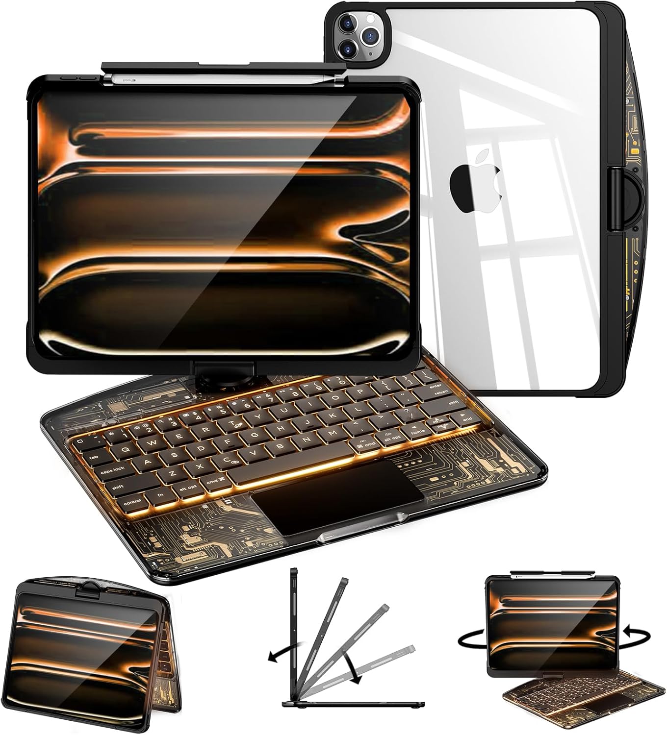 Transparent Keyboard Case for iPad Air 13in(M4/M3/M2,2026/2025/2024),iPad Pro 12.9in(6th/5th/4th/3th),360°Rotating,7-Color Backlit Wireless Keyboard with Touchpad,Pencil Holder,Black