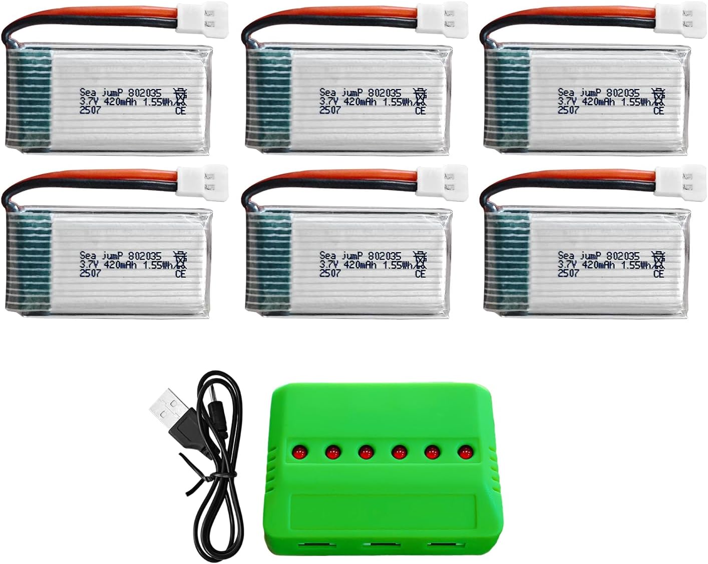 sea jump 6PCS 3.7V Lipo Battery 420mAh 25C with 6in1 Charger Molex Plug Compatible with Most RC Drone Quadcopters, Aerial Drones, Gliders, Robot Batteries