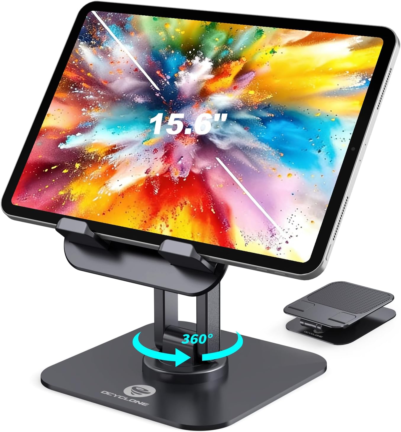 OCYCLONE iPad Stand, 360° Rotating Adjustable Foldable iPad Tablet Holder for Desk Compatible with Kindle Tablet iPad 4″ – 15.6″ Portable Monitor Stand, Black