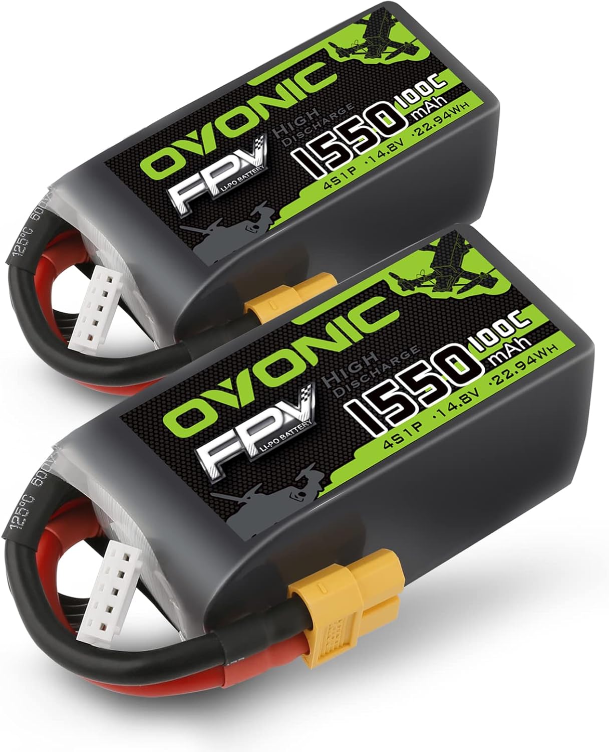 OVONIC 4s Lipo Battery 100C 1550mAh 14.8V Lipo Battery with XT60 Connector for RC FPV Racing Drone Quadcopter(2 Packs)