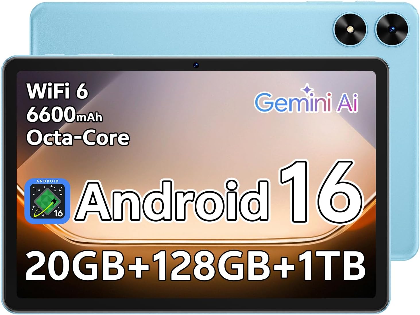 Tablet 10.1 inch Android 16 Tablet with Octa-Core Processor, 20GB RAM 128GB ROM 1 TB Expandable, 1280×800 HD IPS Touch Screen, GPS, 8H Battery, WiFi 6, BT 5.2, Dual Camera (Blue)