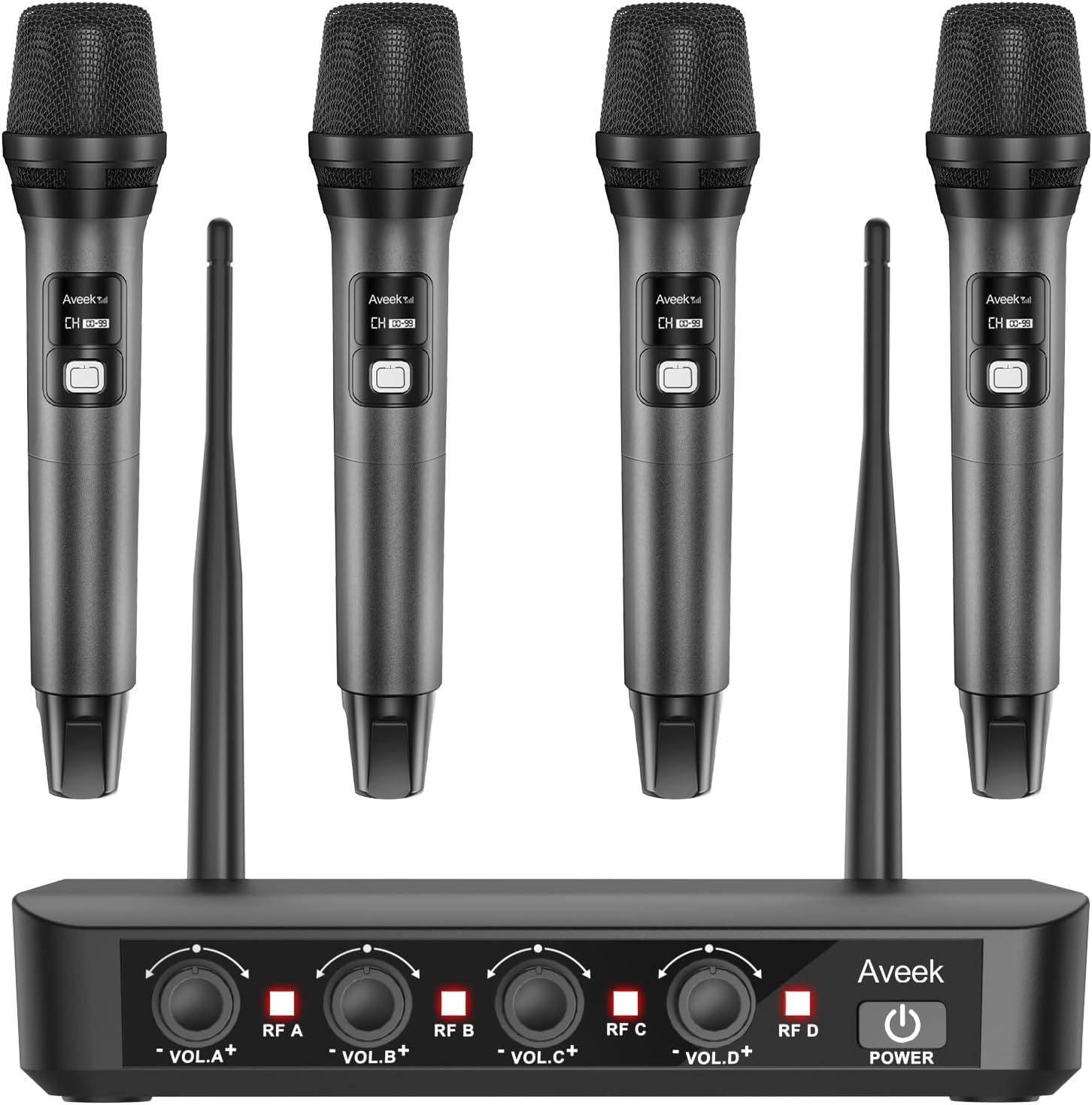 Aveek Wireless Microphone System with 4-Pack Dynamic Handheld Mics, 262ft Long Range, 40-Hour Battery, Low Latency Studio Sound for Karaoke, Singing, Speech, Church, Stage, Wedding, DJ & Events
