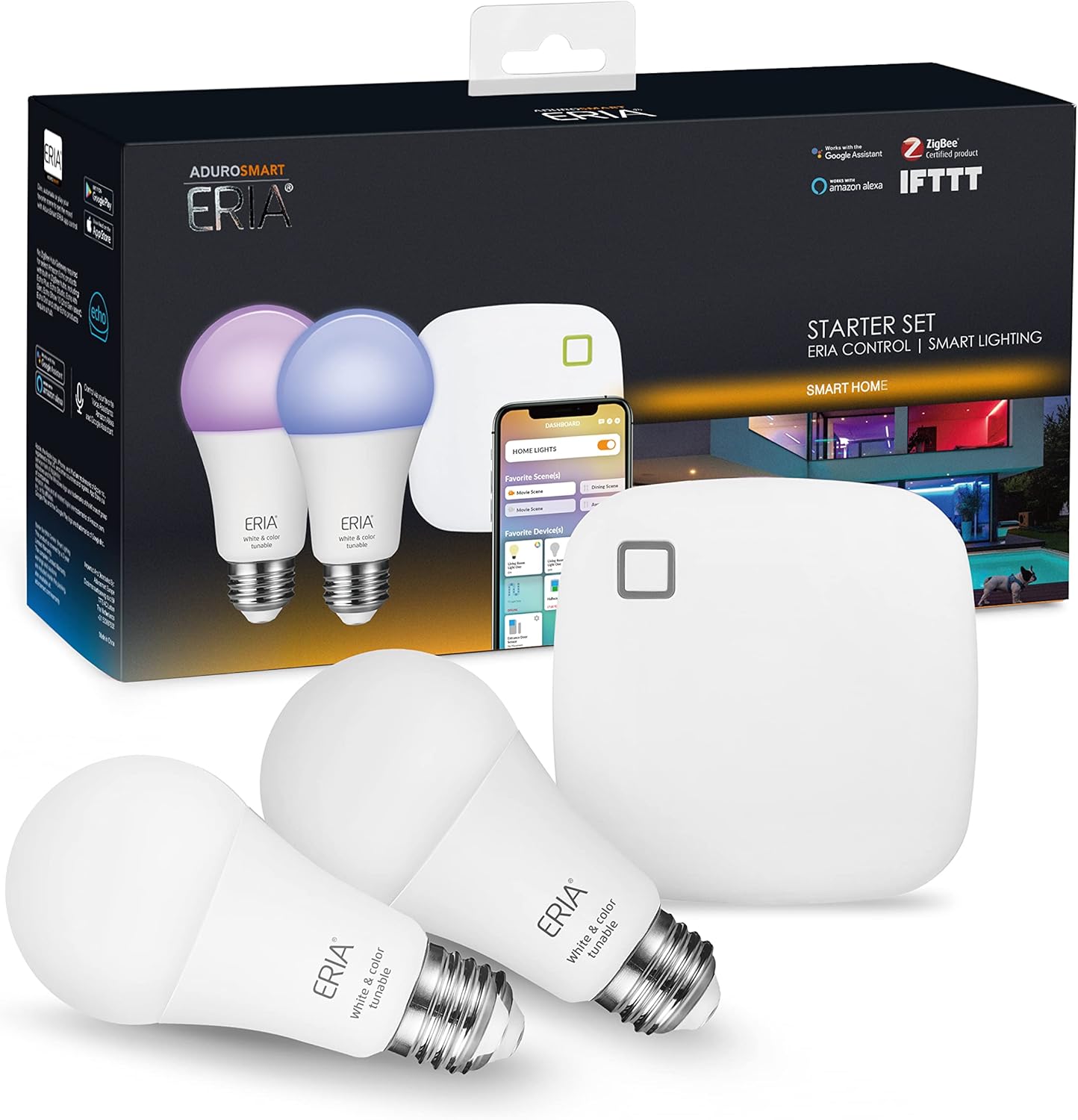 ERIA AduroSmart Colors and White Shades A19 60W Equivalent LED Smart Bulb Starter Kit, 2 x A19 Bulbs and 1 Hub, Compatible with Amazon Alexa, Google Assistant