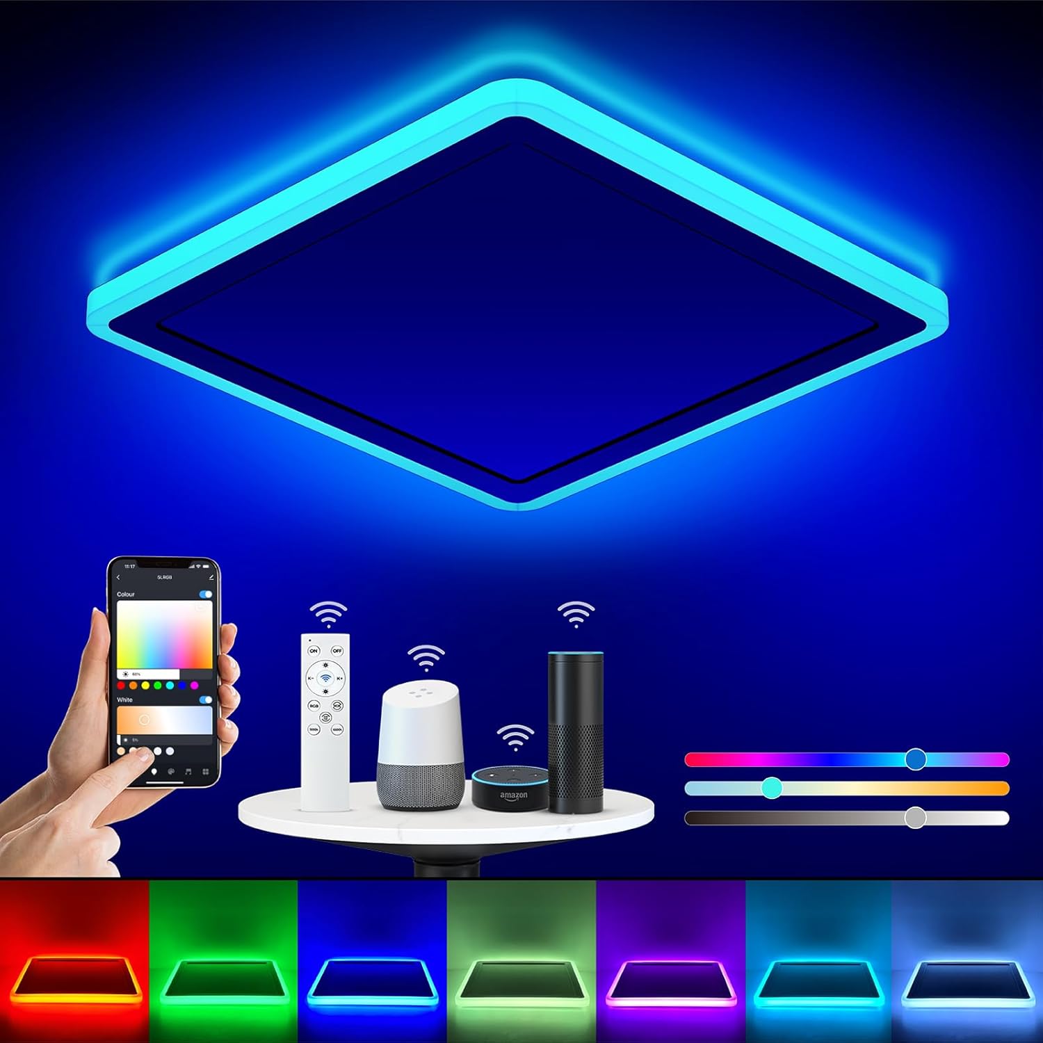 Annaror Smart LED Ceiling Light WiFi, 13in RGB Flush Mount Lighting Fixture with Remote, Compatible with Alexa Google Home, Low Profile Ceiling Light for Bedroom, Kitchen, Square White