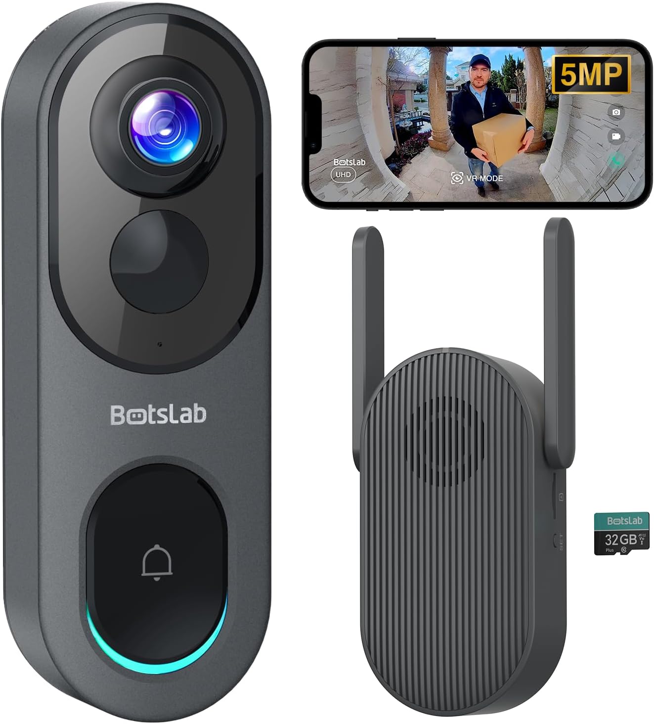 BOTSLAB 5MP Wireless Video Doorbell Camera,180° Head-to-Toe View, AI Motion Detection, VR Mode, Battery or Wired Powered, Easy Installation, Weatherproof, No Monthly Fee, 2.4GHz WiFi