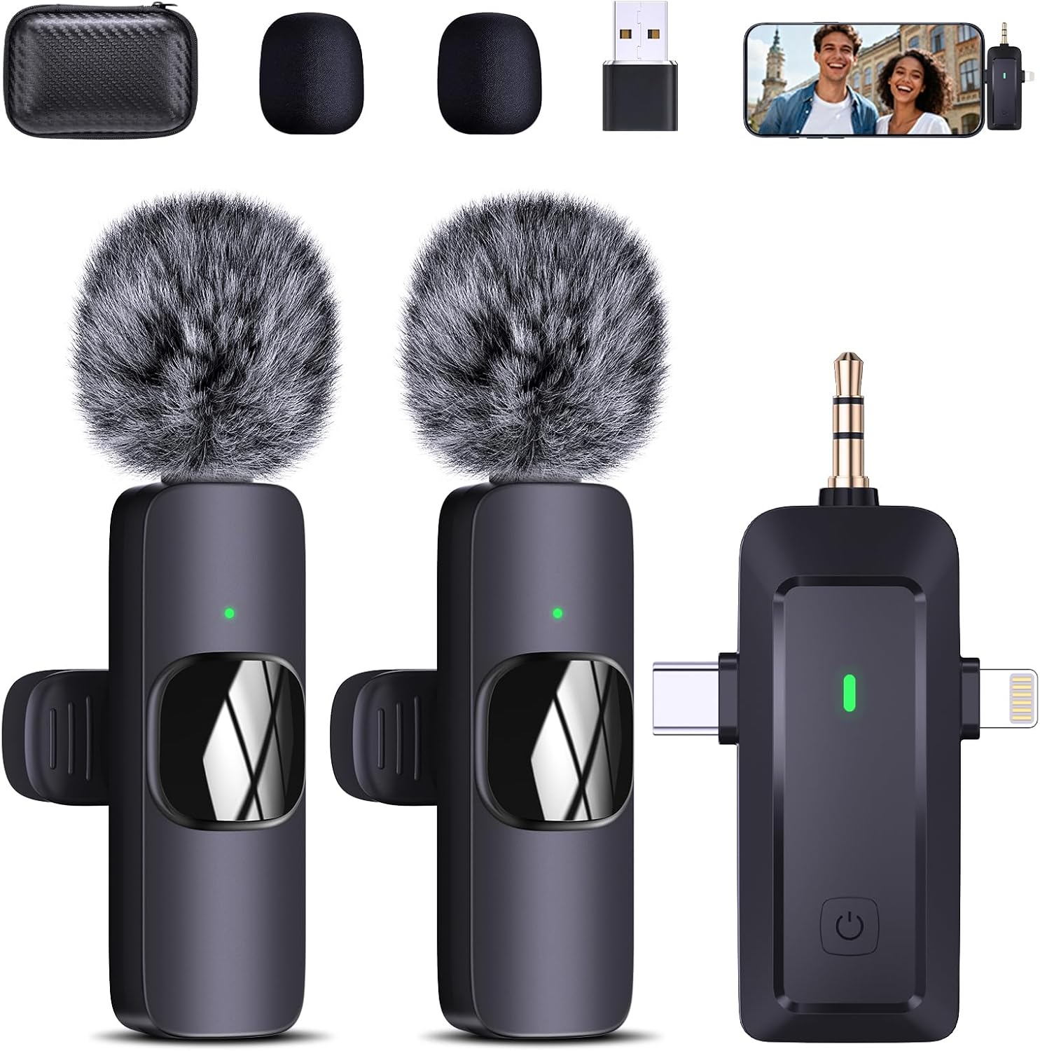 wireless lavalier microphone, suitable for iPhone/Android phones/cameras/computers/four in one lavalier microphone, suitable for video and audio recording, TikTok, etc., with microphone Bags, black