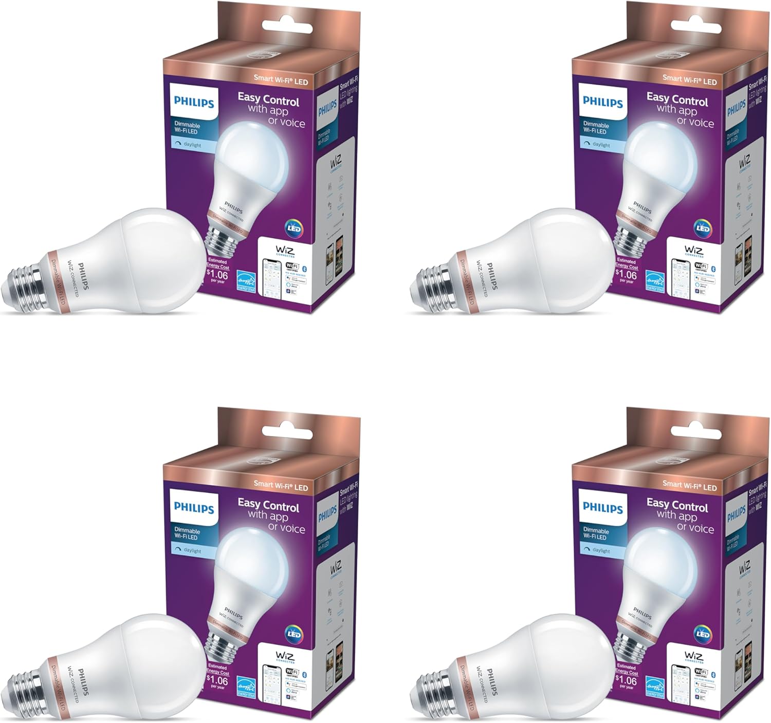 Philips Smart 60W A19 Daylight LED Bulb 4-Pack – E26- Indoor – Connects to Your Existing Wi-Fi – Control with Voice or App – Powered by WiZ Connected