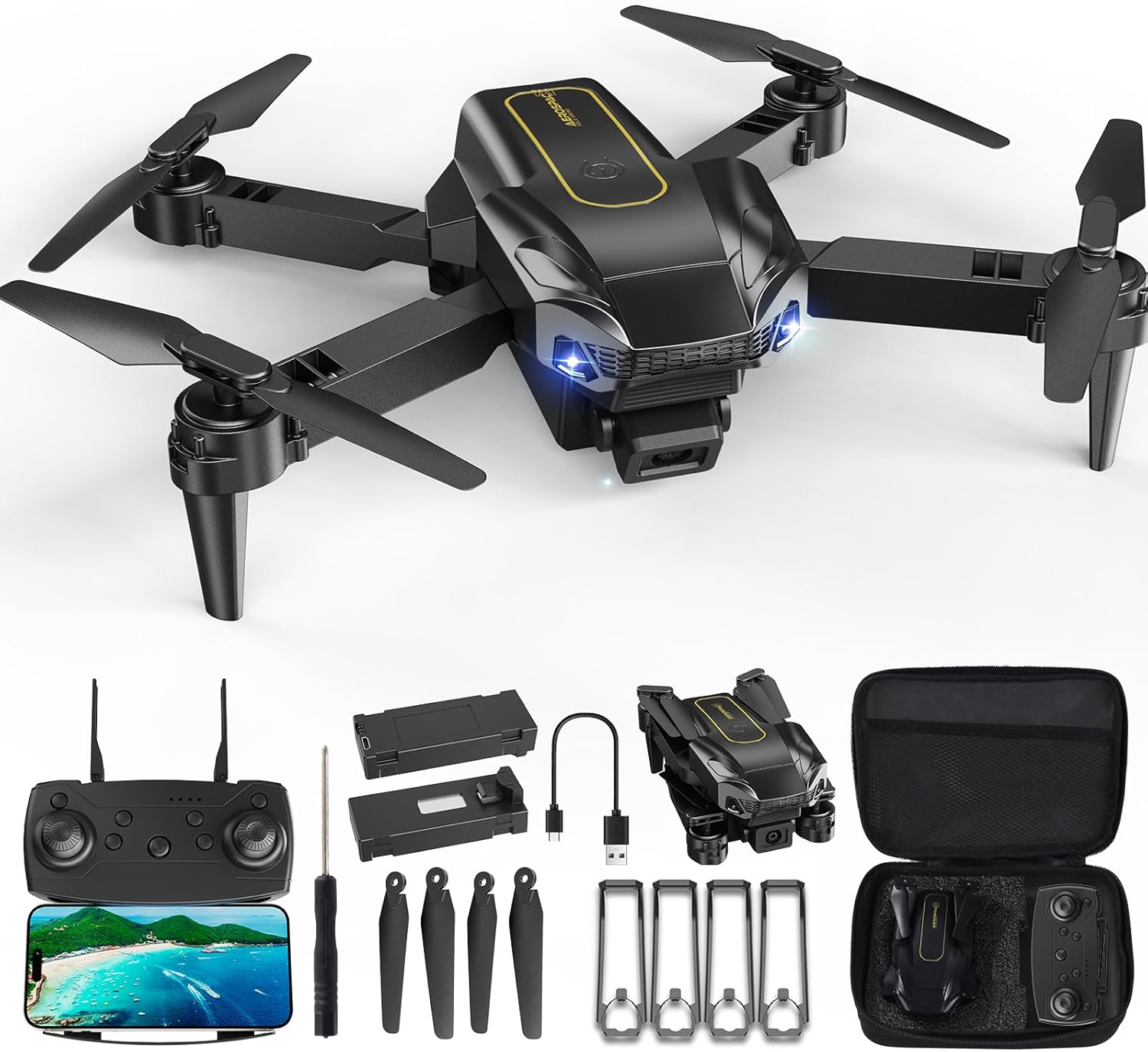 Drone with 1080P Camera, Christmas Mini Foldable Drone for Adults and Beginners, Headless Mode, Altitude Hold, One Key Start/Landing, 360° Flips, Speed Adjustment (Matte Black)