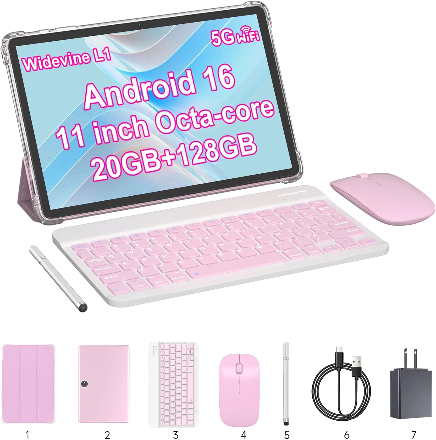11 inch Tablet 2 in 1 Tablets, 20GB RAM 128GB ROM, Android 16 Tablet with Case keyboard mouse Stylus Support 2TB Expandable, 13MP Camera, Octa-core Processor 5G WiFi-6 8000MAH Battery 11” Tableta.