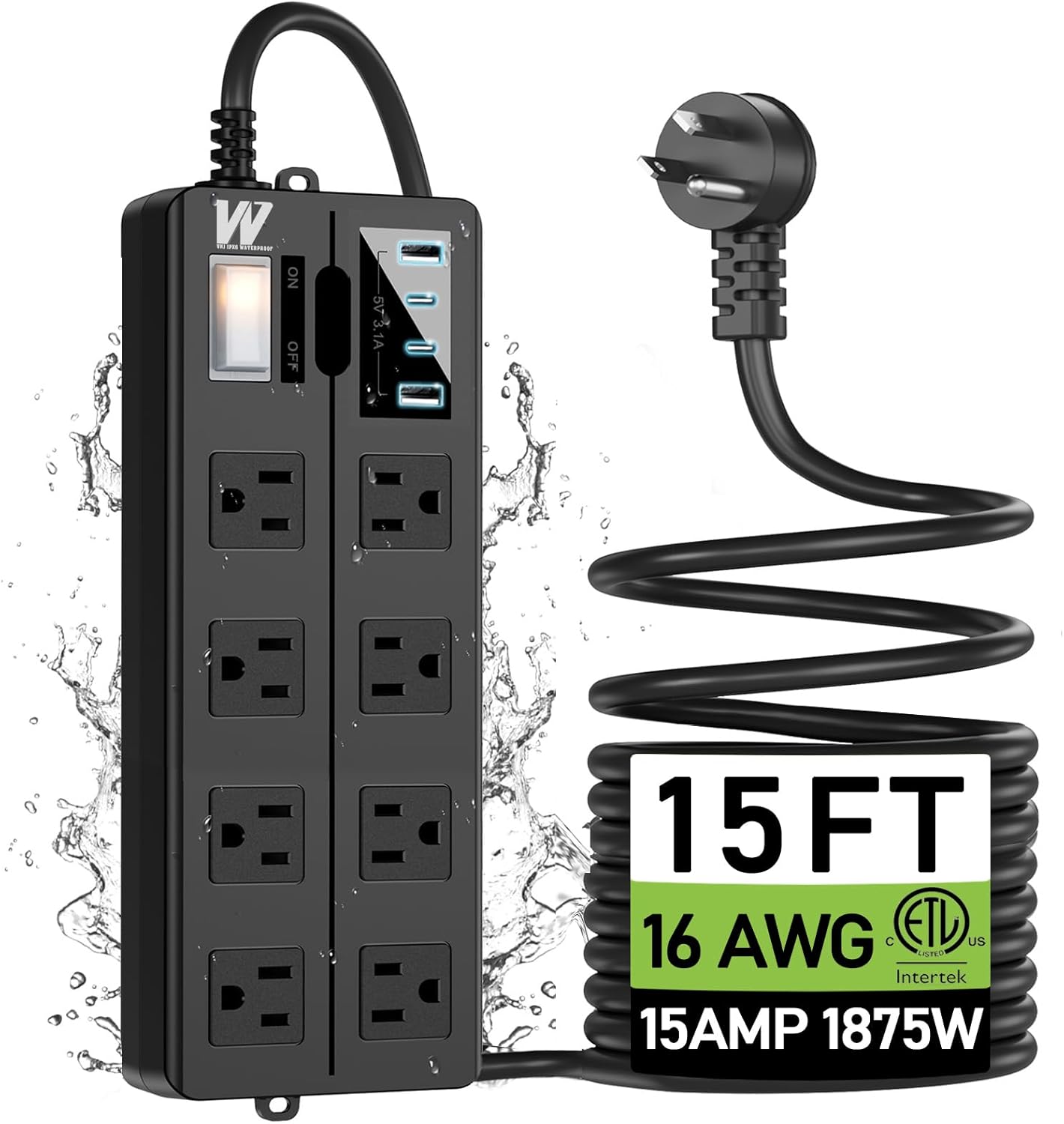 15FT Outdoor Waterproof Power Strip Surge Protector with 8AC Outlets 4USB Ports Power Switch Safety Lock, ETL Certified for Patio Garden Charging