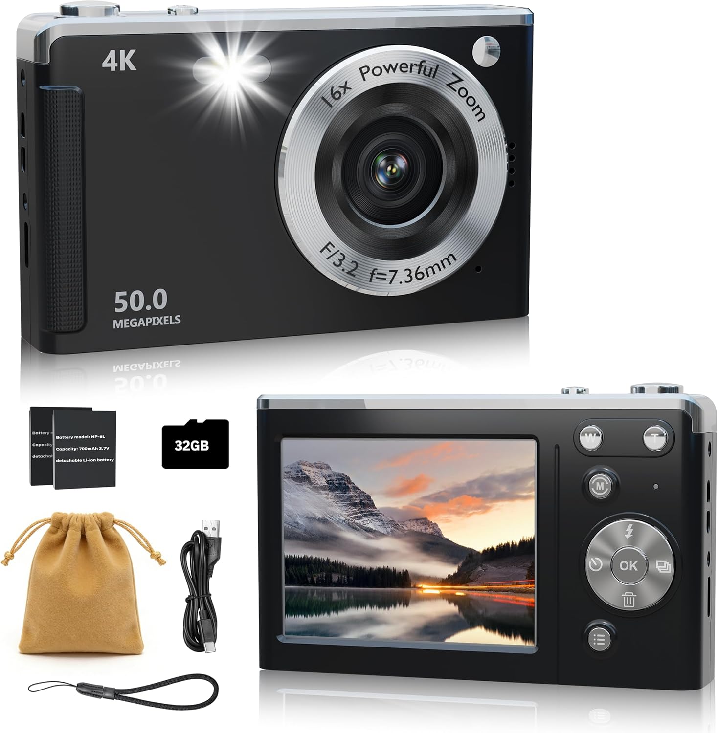 4K Digital Camera for Photography Autofocus,16X Zoom, 50MP Portable Compact Point and Shoot Digital Camera,Compact Travel Cameras for Beginners with 32GB Card, 2 Batteries, Black