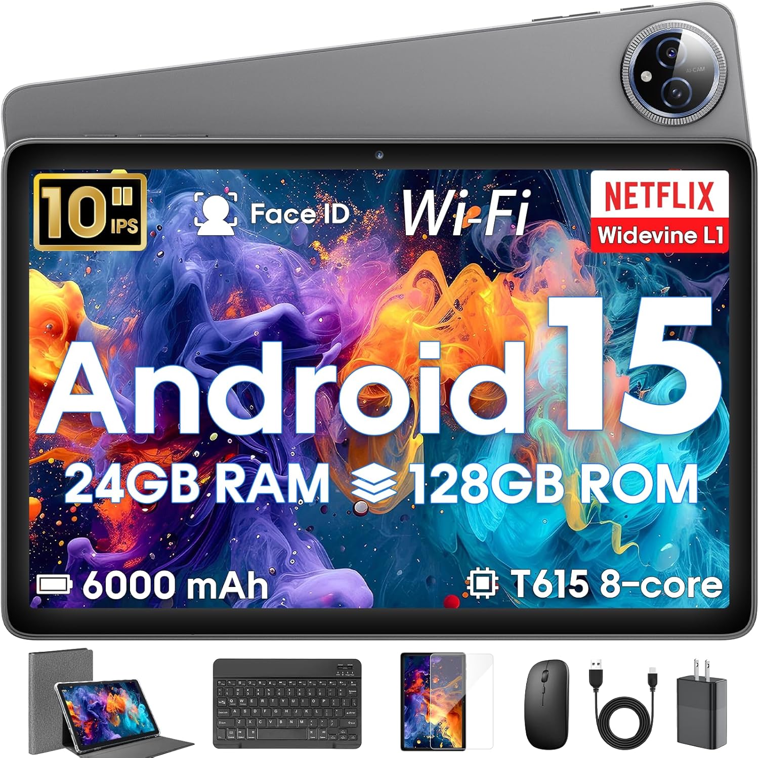 Android 15 Tablet 10 inch, 24GB RAM 128 ROM, Tablets with Keyboard Case Mouse Stylus, 1TB Expandable,Octa-Core 6000mAh 1280×800 IPS HD, WiFi, T615 CPU, High Performance, Processor, Dual Camera (Gray)