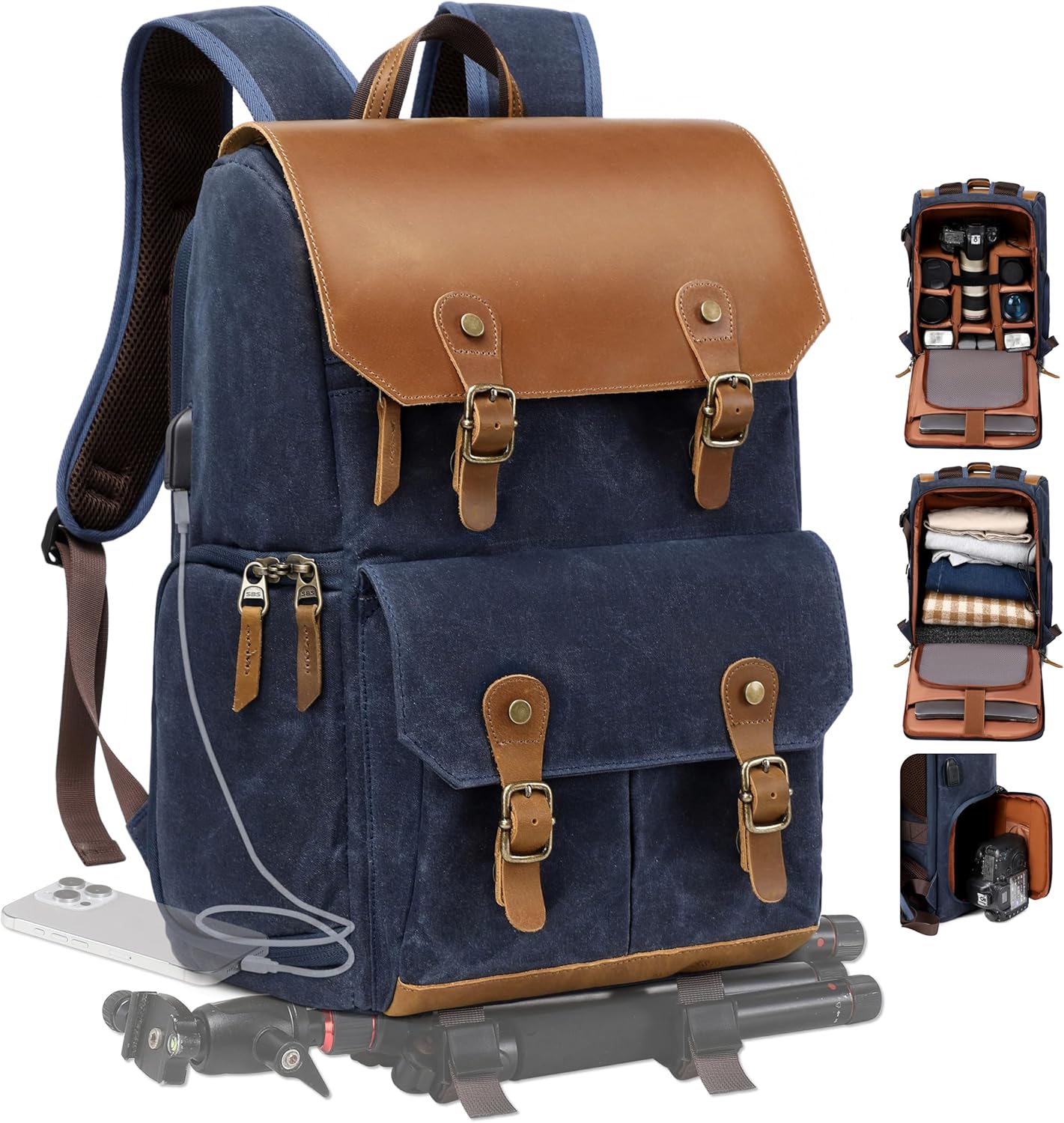 Padwa Lifestyle Blue Camera Backpack – Waxed Memory Canvas Camera Bag, Multi DSLR SLR Large Camera Backpacks for Photographers with 16” Laptop & Lens Compartment and Tripod Holder & Weather Resistant