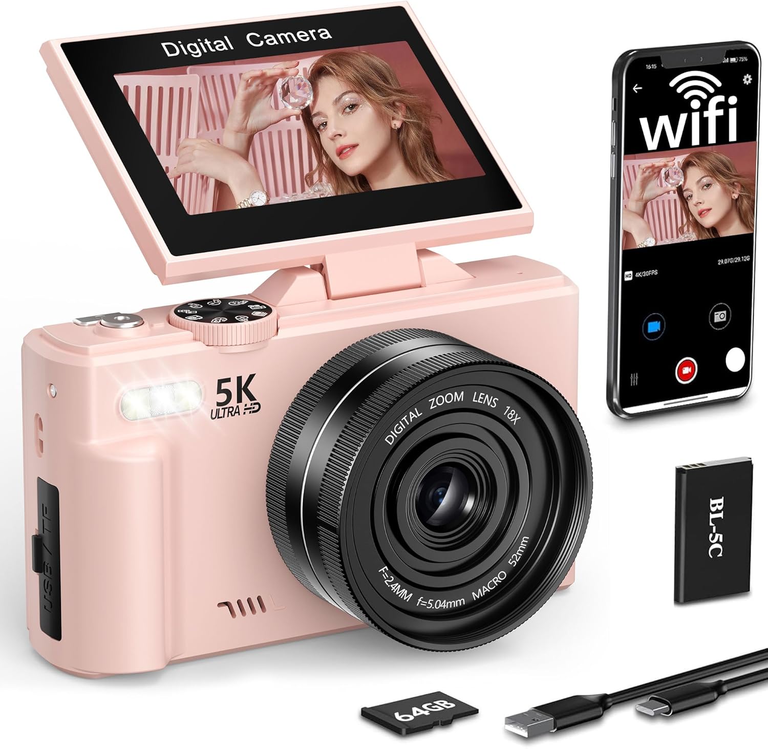 FLATIC 5K Digital Camera, 75MP Cameras for Photography with WiFi & 64GB TF Card, Autofoucs Vlogging Camera for YouTube with 180° Flip Screen, Compact Vlog Travel Camera Kit for Beginner, Teens