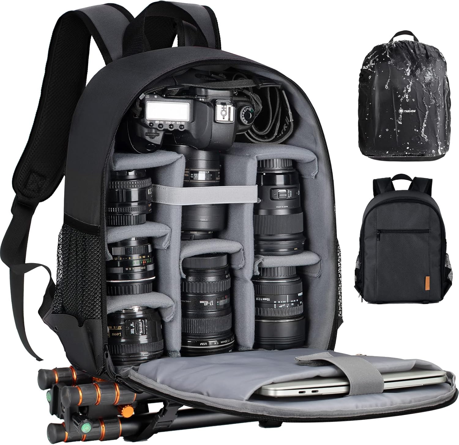 TARION Camera Backpack Bag Small – Professional DSLR Photography Case with 13 inch Laptop Compartment & Waterproof Rain Cover & Bottom Tripod Holder for Men Women Photographers – Black TB-S