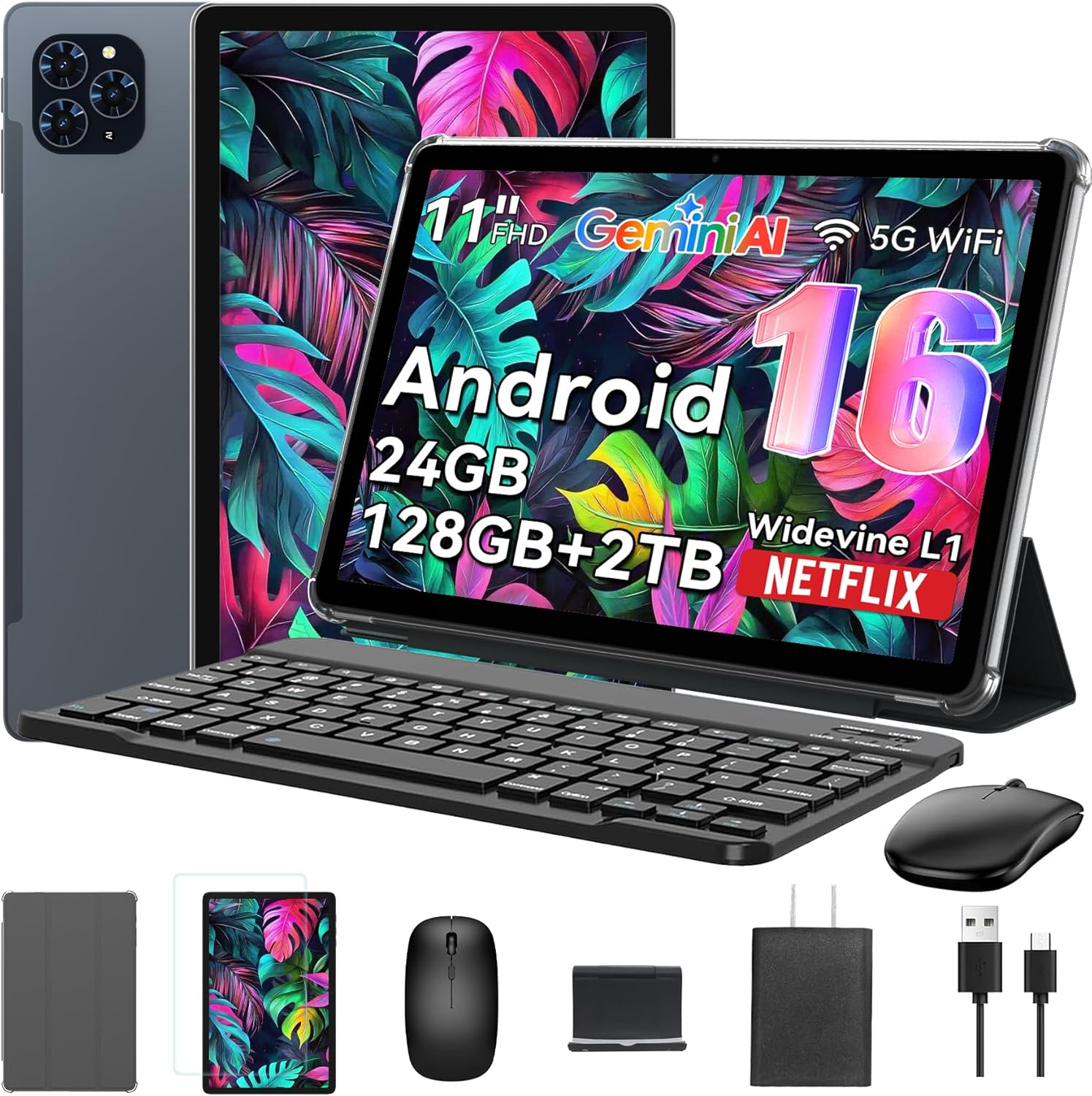 Tablet 2026 World’s First Android 16 Tablet with Gemini AI, 11 Inch FHD Display, 24GB RAM 128GB ROM /2TB TF, T7250 CPU+13MP Camera, 8000mAh, Widevine L1, 2 in 1 Tablets with Keyboard Mouse Stylus