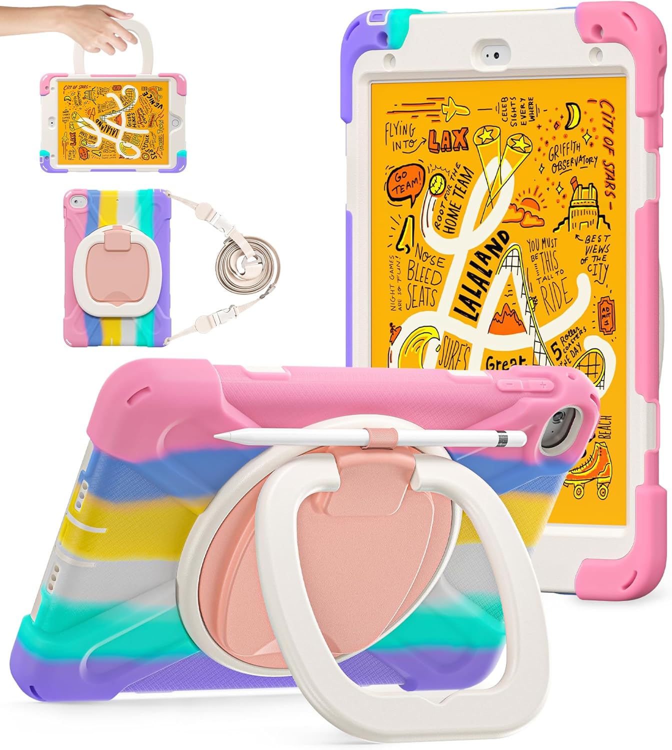 BATYUE for iPad mini 5/4 7.9 Inch Case (2019/2015), Kid-Proof Shockproof Cover with 360° Kickstand, Detachable Shoulder Strap & Pencil Holder for Girls and School – Cute Colourful Pink