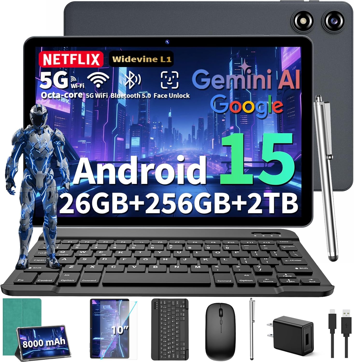 2026 10 Inch Tablet, Android 15 Tablet with Keyboard, 24GB RAM + 256GB ROM (2TB Expand), Tablets PC with 8-Core, Gemini AI, 5G WiFi, 8000mAh, BT5.0,GPS, 2-in-1 Tablets with Mouse, Case, Stylus (Green)