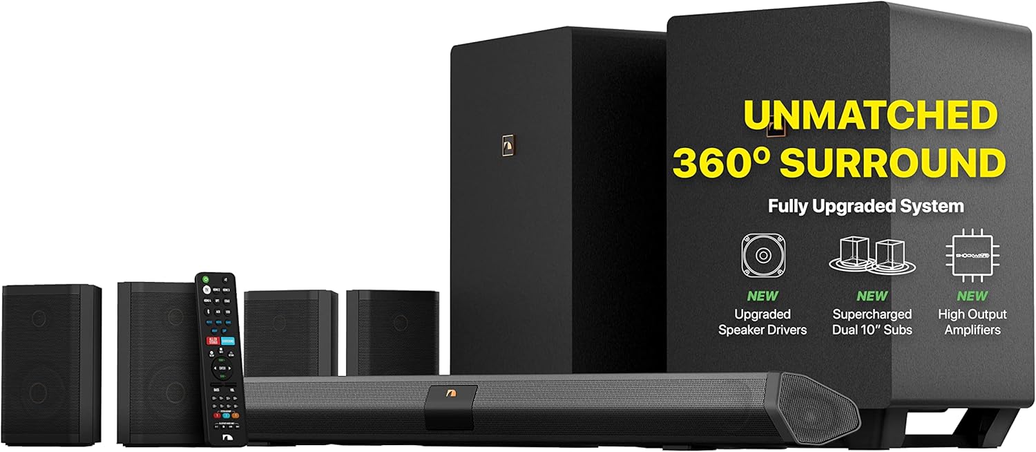 Nakamichi Shockwafe Ultra 9.2.4 Channel Soundbar System with Dolby Atmos/DTS:X, Dual 10″ Subwoofers, 4 Rear Surround Speakers, 1300 Watts Max Output Power