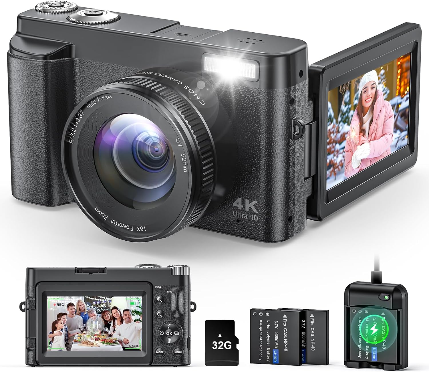 4K Digital Camera for Beginners & Teens, Autofocus 48MP Vlogging Camera for YouTube, 3” 180°Flip Screen Camera with Flash 16X Zoom, 32G Card Battery Charger Black, Easy to Use