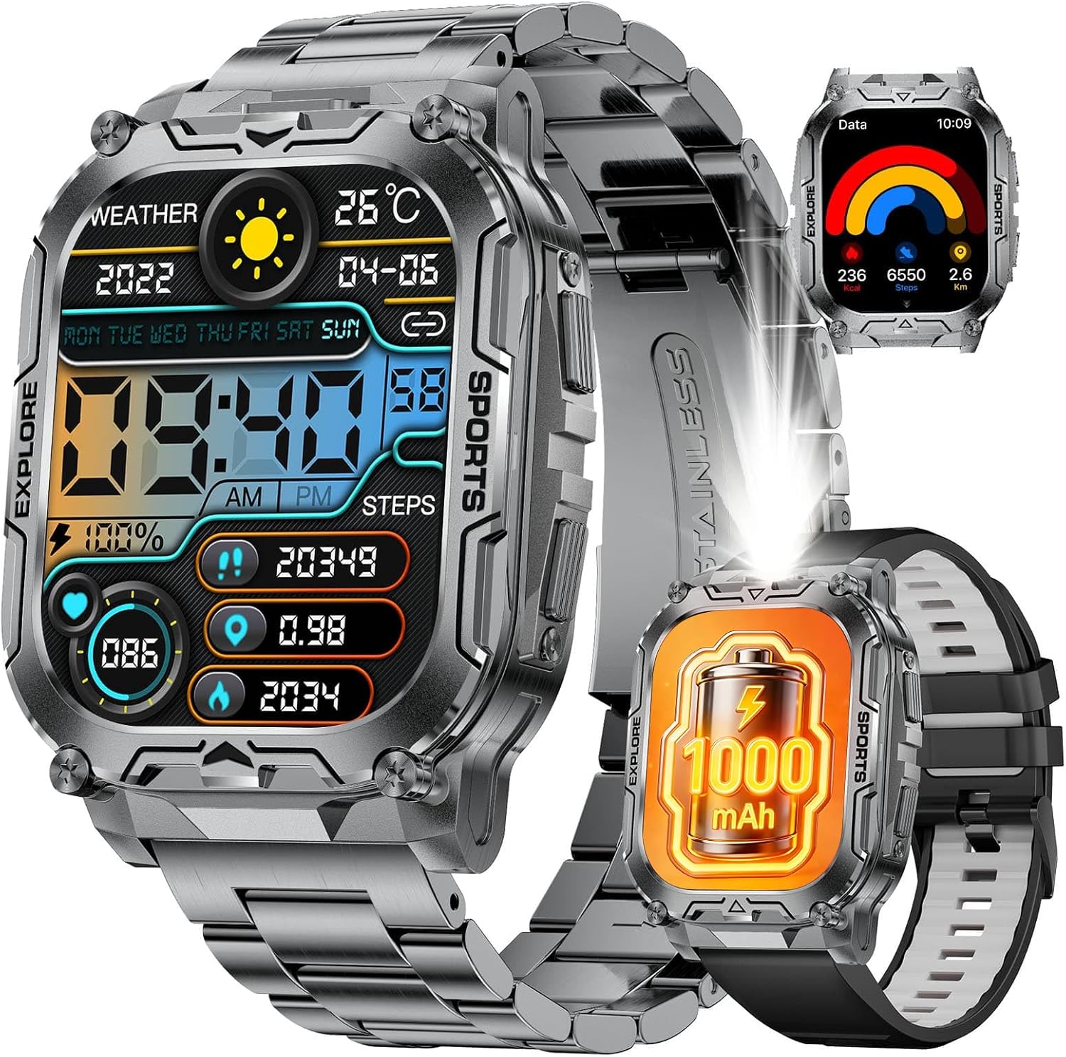 Military Smart Watches for Men(Answer/Dial Calls),2.01″ Ultra Large HD Smartwatch with 60 Days Extra-Long Battery/Heart Rate/Sleep Monitor/Flashlight/2 Straps,Rugged Fitness Watch for iOS and Android