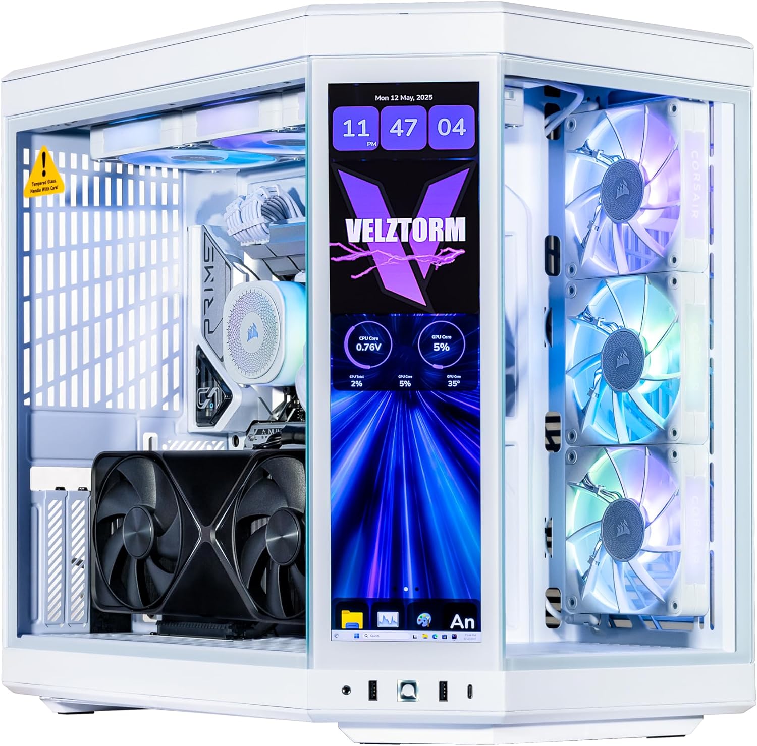 Velztorm LCD White Praetix Custom Built Y70 Touch Gaming Desktop PC (GeForce RTX 5080 16GB (>4090), Liquid Cooled Intel i9-14900K, 32GB DDR5, 2TB PCIe SSD, 1000W PSU, WiFi 6, Win11Pro)