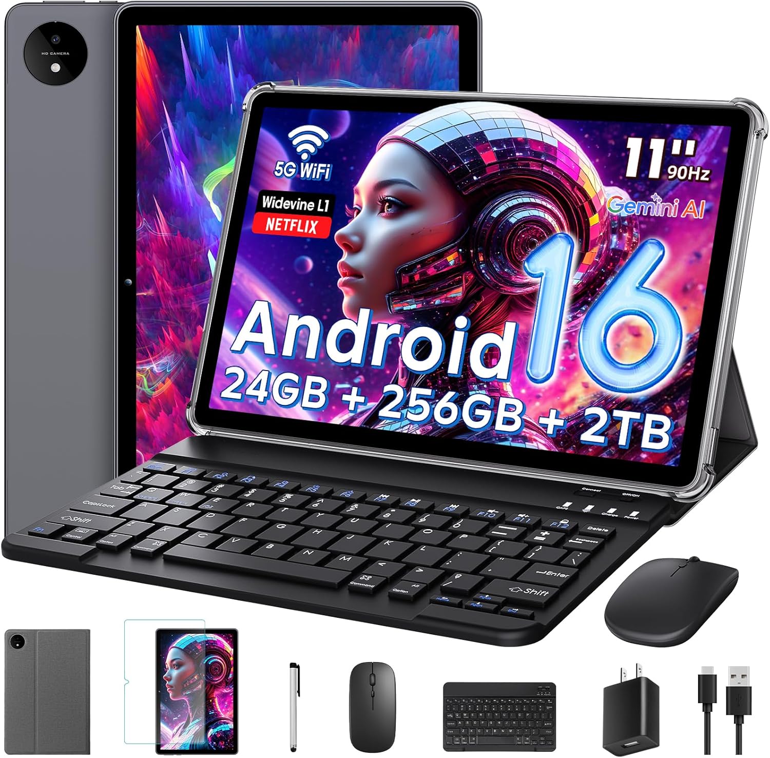 Android 16 Tablet 11 Inch with Gemini AI, T7250 Octa-Core, 24GB RAM + 256GB ROM /2TB TF, 16MP+8MP, 1920×1200 IPS HD Display, 8000mAh, Widevine L1, GPS, 2 in 1 Tablets with Keyboard Mouse Stylus
