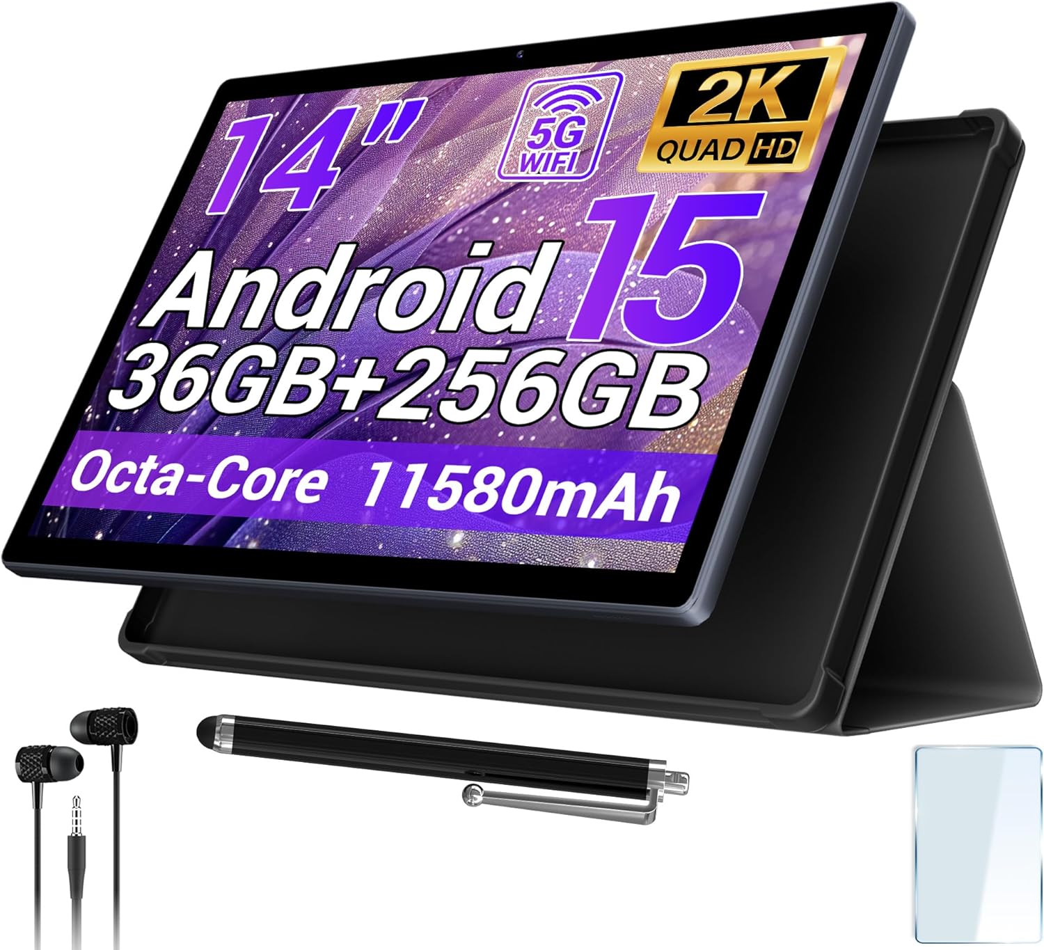 2025 14 Inch Android 15 Tablet with Stylus, 2K FHD Display, 36GB RAM 256GB ROM (1TB TF), 11580mAh Battery,MT6769 8-Core 2.0GHz,4 Speakers,8+13MP with Earphones, FM Radio, GPS, FCC/CE – Gray