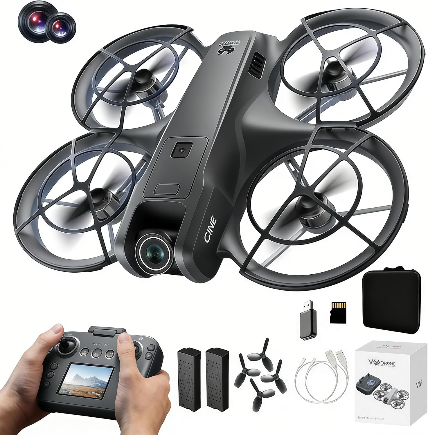 RC Drone with Screen Display Remote Control, Propeller Guard, Dual Camera, Speed Adjustment, Altitude Hold, One-Key Takeoff, 3D Flips, 2 Batteries, Helicopter Airplane, Hovering, Brushless Motor, APP Control, LED Lights, for Adult Beginners FPV Quadcopter Plane Copter, Drones for Kids 8-12 (Black-Gray)